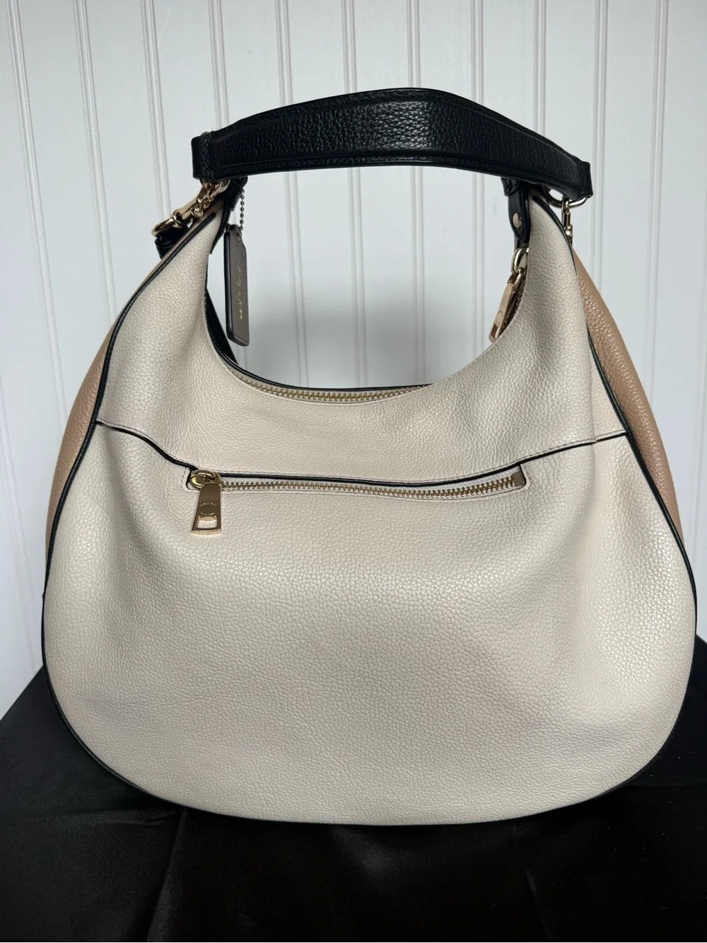 Coach Cream & Tan Pebbled Leather Hobo with Black Trim